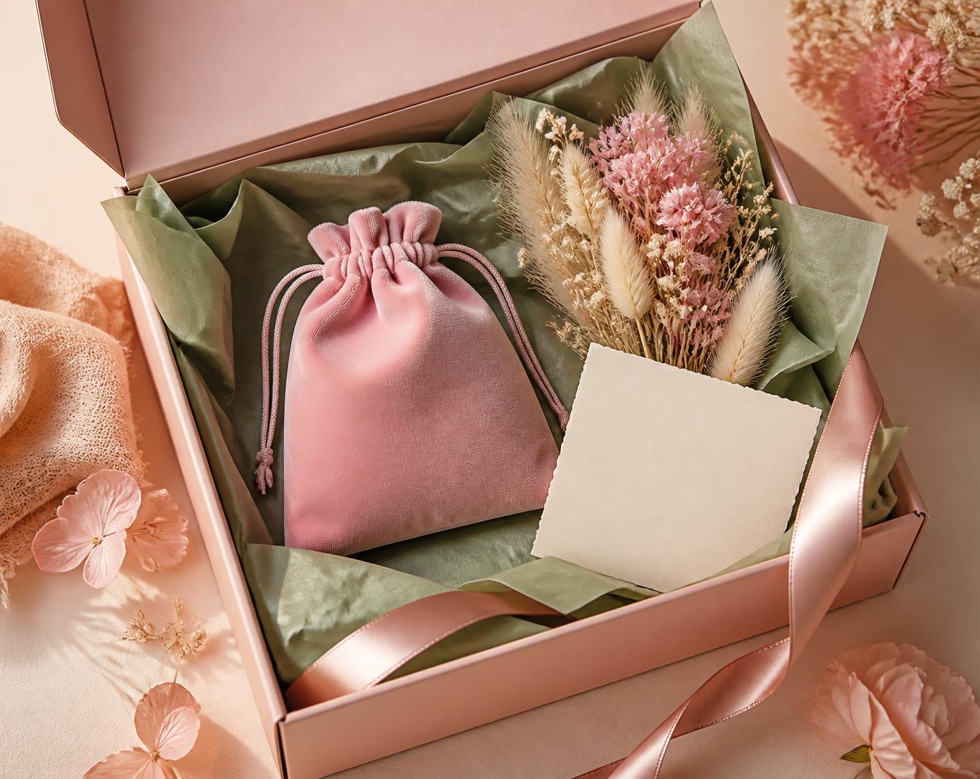 Open blush pink gift hamper with sage green tissue, a velvet jewellery pouch, dried flowers and a note card