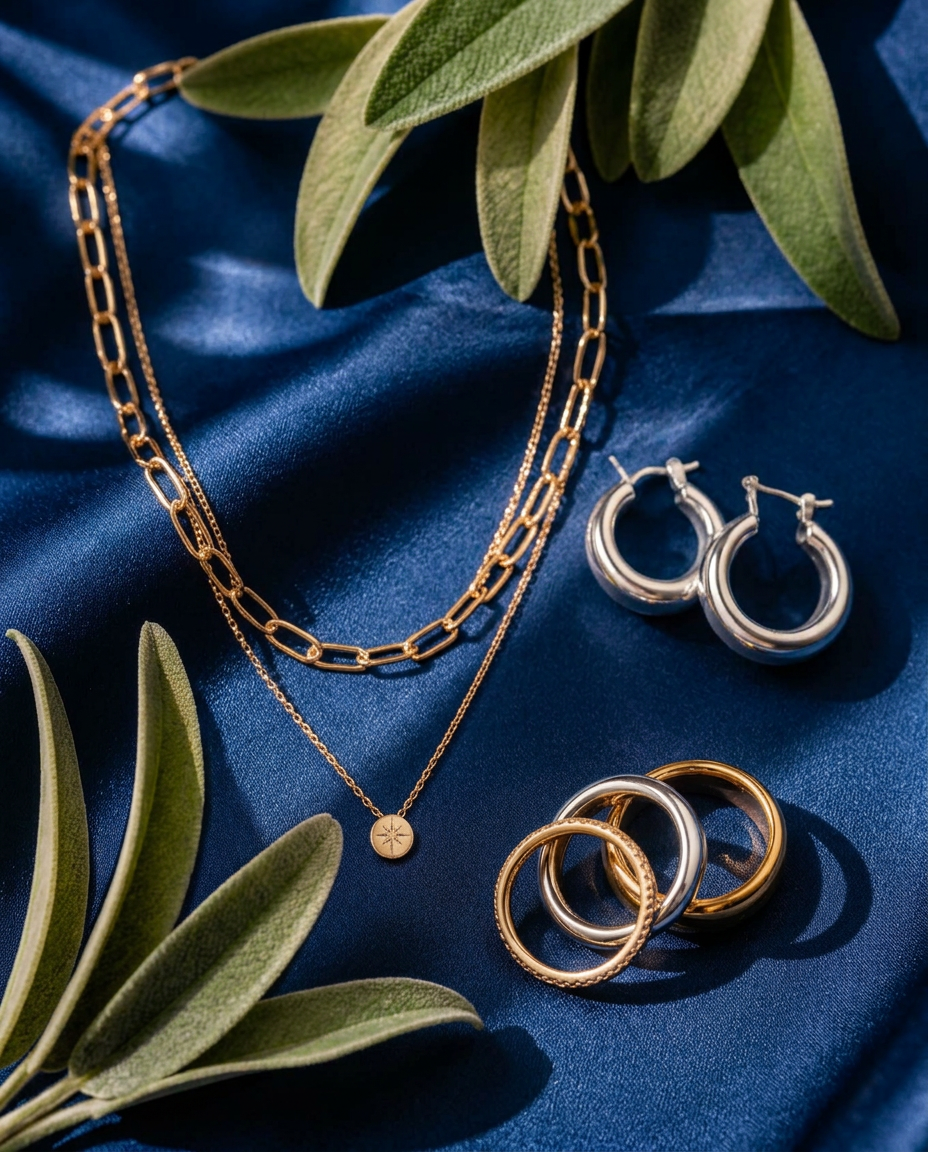 Gold and silver anti-tarnish necklace, hoops and rings on peach silk with green leaves