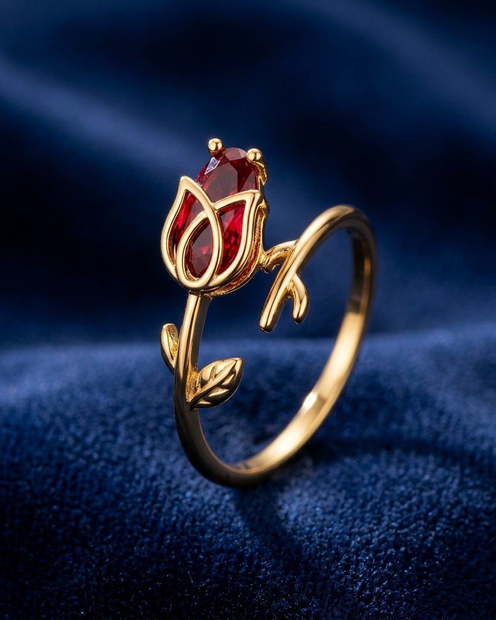 Gold Red Rosebud Ring