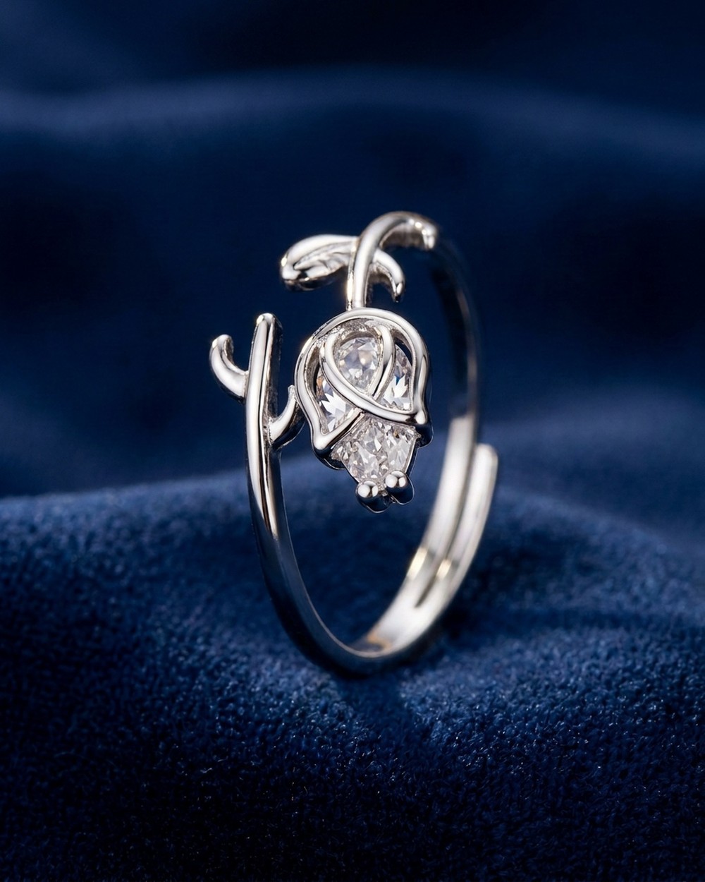 Silver Crystal Rosebud Ring